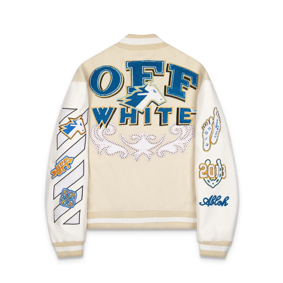 S30#P696, off white 2024 autumn and winter new heavy industry embroidered leather baseball jacket couple style color beige size: S M L XL